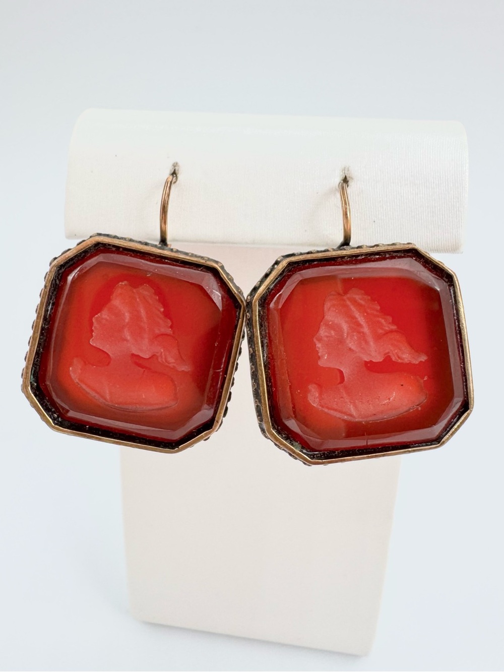 Vintage Carved Left Facing Lady Profile Earrings Faux Carnelian Romantic